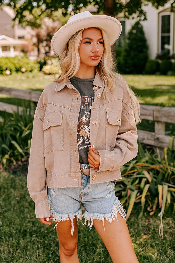 Fact Or Fiction Denim Jacket In Warm Taupe sold by Impressions