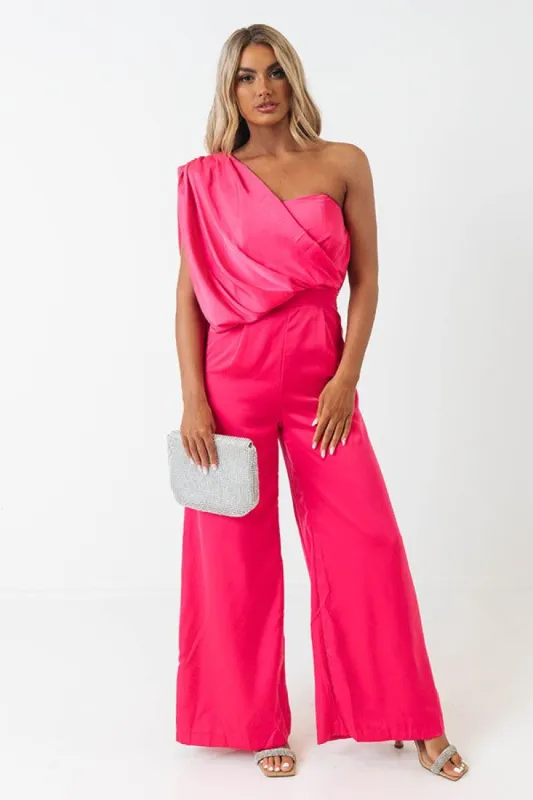House In The Hills One Shoulder Jumpsuit In Hot Pink sold by Impressions