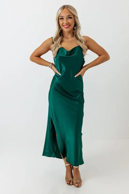 Classy And Confident Satin Midi In Hunter Green sold by Impressions