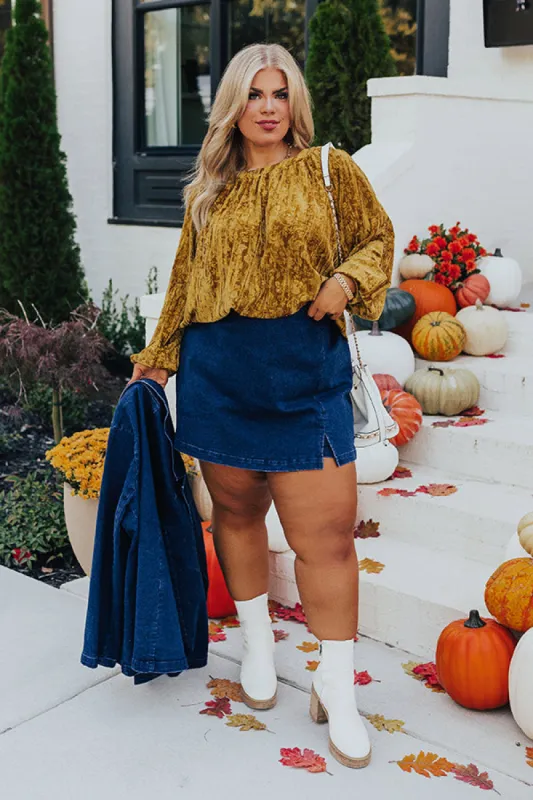 Glamour Galore Velvet Top in Mustard Curves sold by Impressions