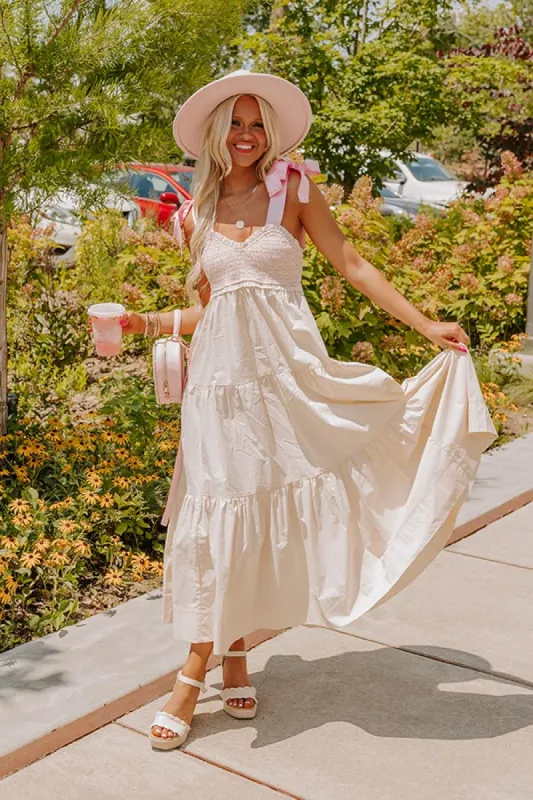 Classic Cutie Smocked Maxi Dress in Cream sold by Impressions