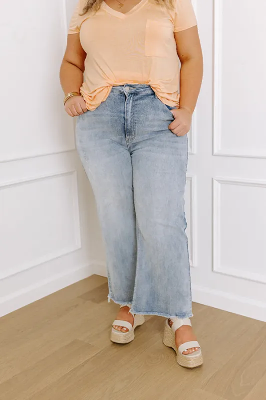 Risen Anita High Waist Crop Flare in Light Wash Curves sold by Impressions