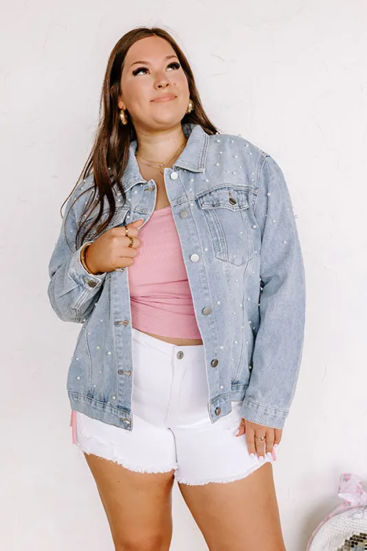 The Juni Embellished Denim Jacket In Light Wash Curves sold by Impressions