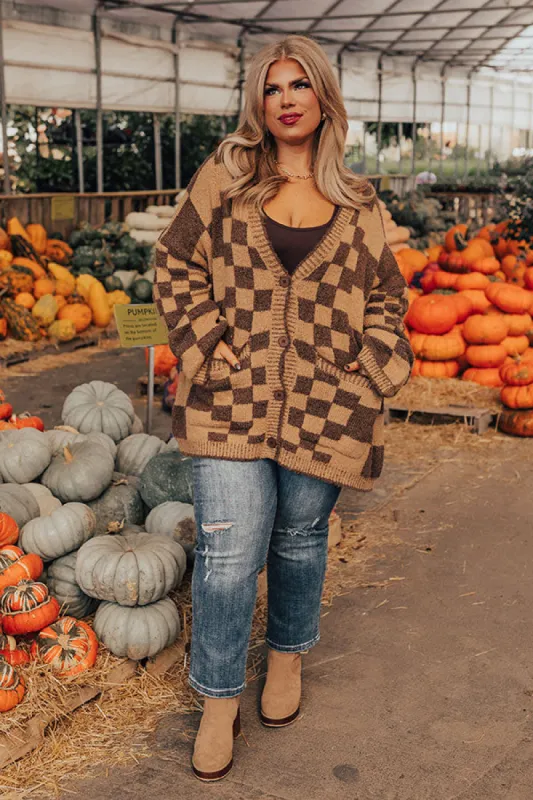 Around The Block Checkered Cardigan in Iced Latte Curves sold by Impressions