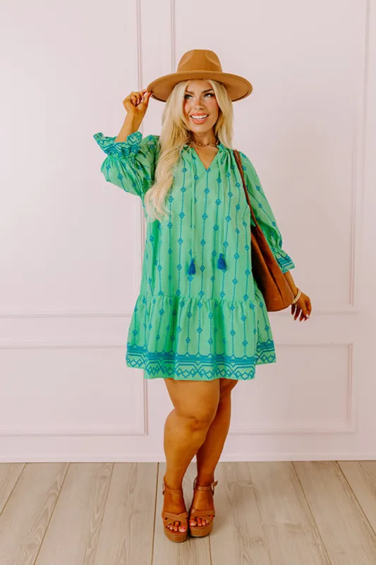 Charleston Stroll Embroidered Mini Dress in Kelly Green Curves sold by Impressions