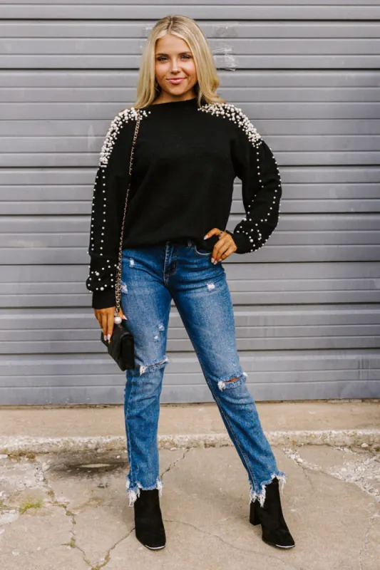 Modern Muse Pearl Embellished Sweater In Black sold by Impressions