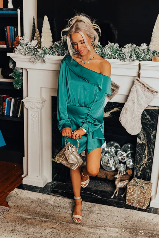 Statement Maker Satin Mini Dress In Hunter Green sold by Impressions