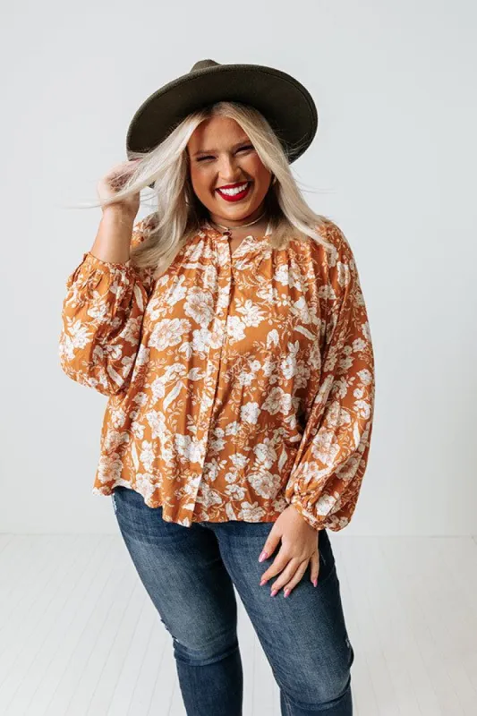 In Harmony Floral Shift Top in Light Rust Curves sold by Impressions