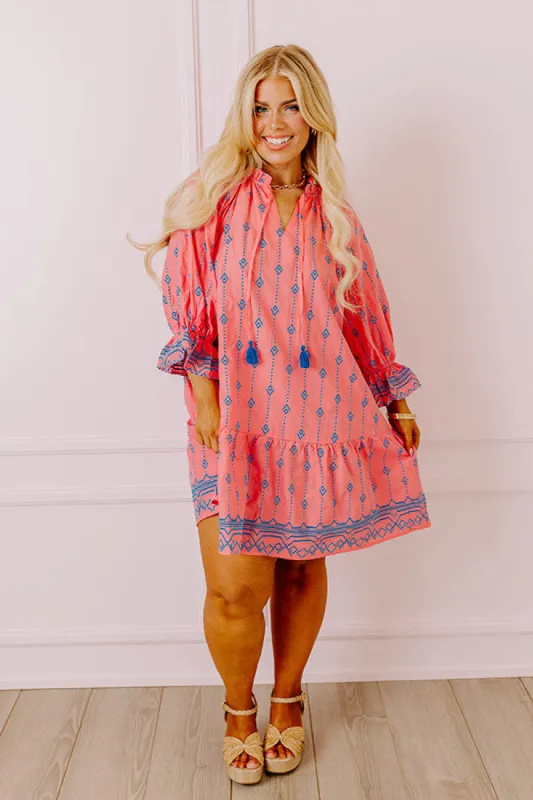 Charleston Stroll Embroidered Mini Dress in Pink Curves sold by Impressions