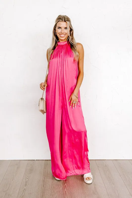 Stunning Views Satin Jumpsuit in Hot Pink sold by Impressions