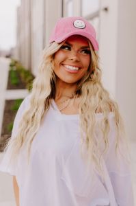 Cider And Smiles Corduroy Baseball Cap in Pink sold by Impressions