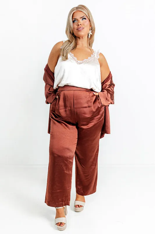 Pouring Merlot Satin High Waist Pants In Dark Rust Curves sold by Impressions