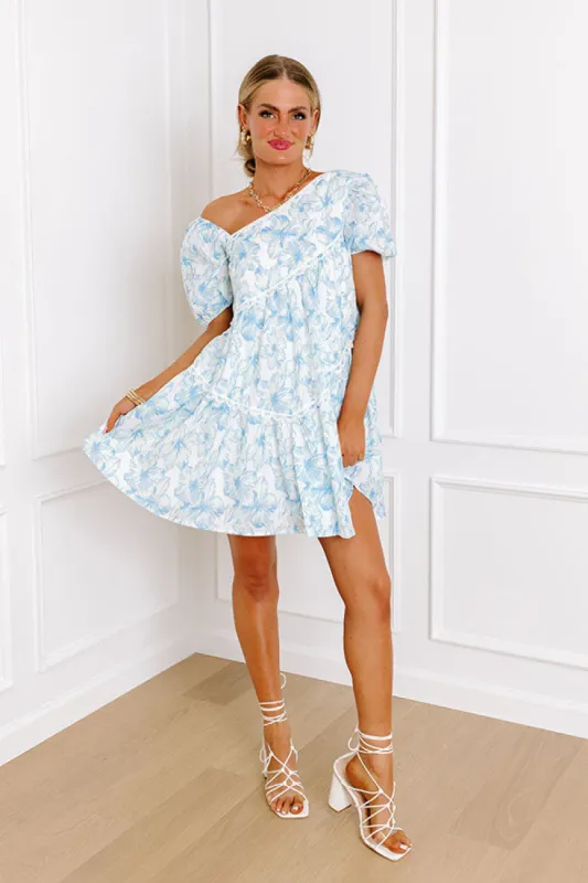 Botanical Garden Stroll Asymmetrical Mini Dress in Sky Blue sold by Impressions