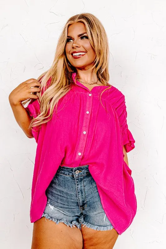 Divine Downtime Button Up in Hot Pink sold by Impressions