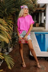 On A Break Shift Top In Pink sold by Impressions