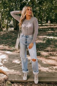 Cool And Carefree Button Up Top In Grey sold by Impressions