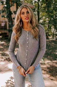 Cool And Carefree Button Up Top In Grey sold by Impressions