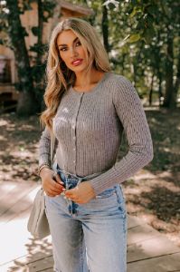 Cool And Carefree Button Up Top In Grey sold by Impressions