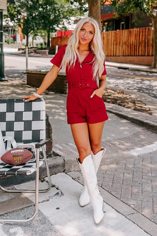 Stay Sophisticated Denim Romper In Crimson sold by Impressions