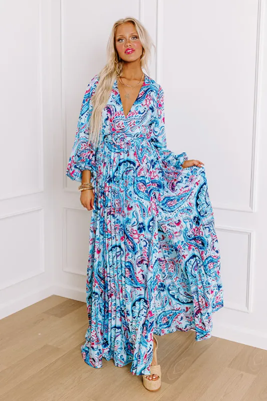 Under The Tucson Sun Pleated Maxi Dress in Blue sold by Impressions