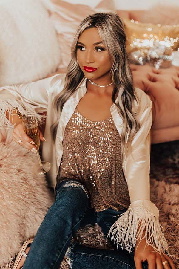 Fashionable Scene Satin Feather Top In Champagne sold by Impressions