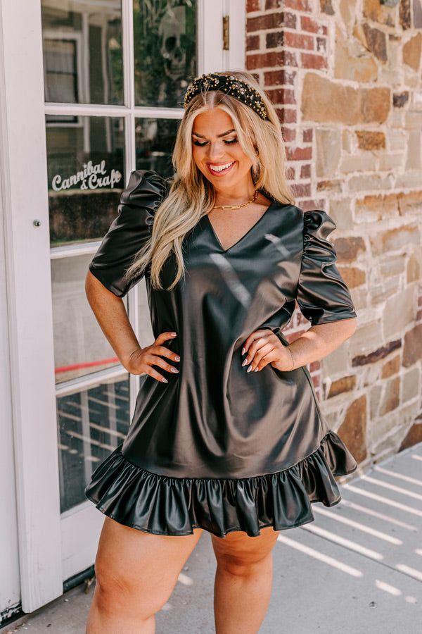 Stylish Setting Faux Leather Mini Dress in Black Curves sold by Impressions