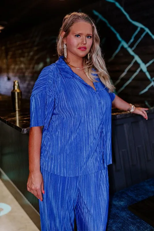 Graceful Appearance Pleated Button Up In Blue Curves sold by Impressions