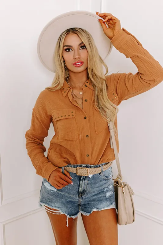 Cold Brew Babe Button Up in Iced Mocha sold by Impressions