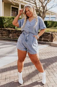 Manhattan Marvels Denim Romper in Medium Wash Curves sold by Impressions