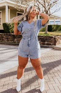 Manhattan Marvels Denim Romper in Medium Wash Curves sold by Impressions