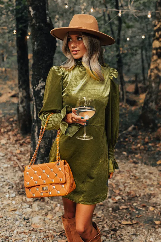 Fashionably Late Velvet Mini Dress In Olive sold by Impressions