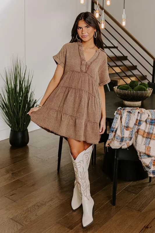Across The World Mineral Wash Mini Dress In Mocha sold by Impressions