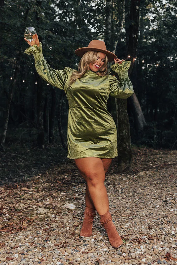 Fashionably Late Velvet Mini Dress In Olive Curves sold by Impressions
