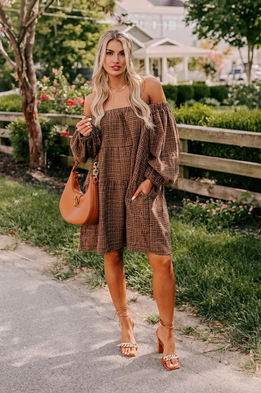 Pumpkin Spice Cutie Plaid Mini Dress in Brown sold by Impressions