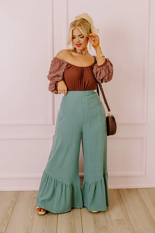 The Kenzo High Waist Linen-Blend Trousers In Light Teal Curves sold by Impressions