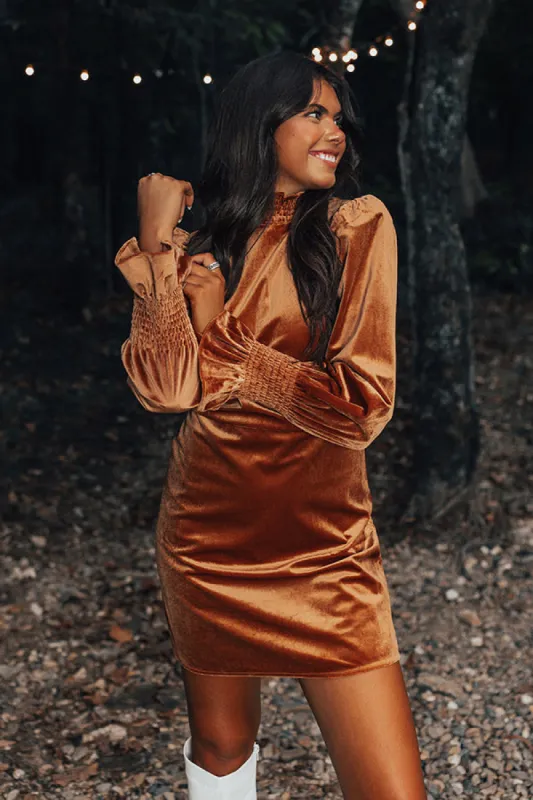 Fashionably Late Velvet Mini Dress In Camel sold by Impressions