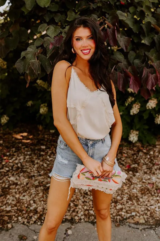 Made For Sunshine Frayed Tank In Cream sold by Impressions
