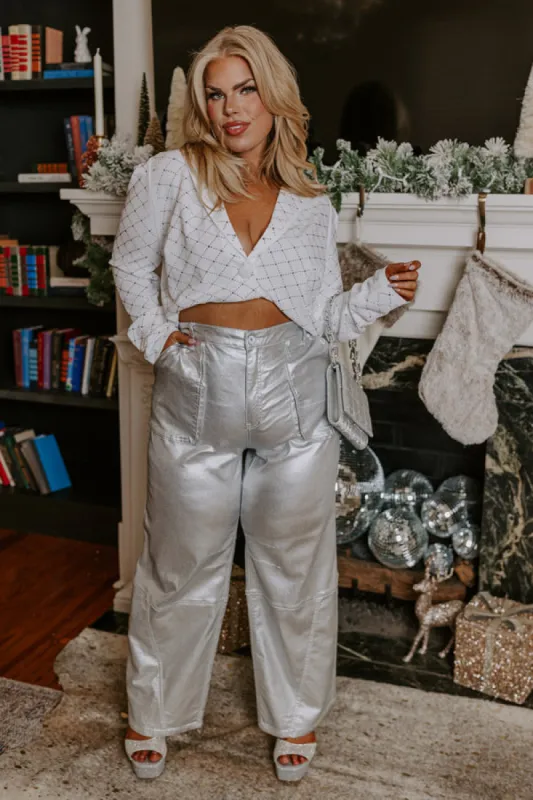 The Raleigh High Waist Metallic Pants In Silver Curves sold by Impressions