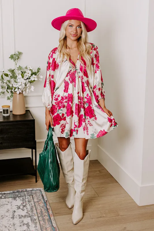 Botanical Bliss Satin Mini Dress in Cream sold by Impressions