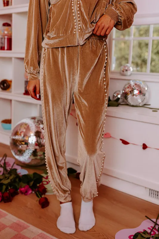 Material Girl Embellished Velour Joggers in Warm Taupe sold by Impressions
