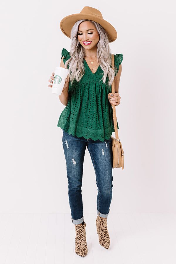 Sugar Pie Babydoll Eyelet Top In Hunter Green sold by Impressions