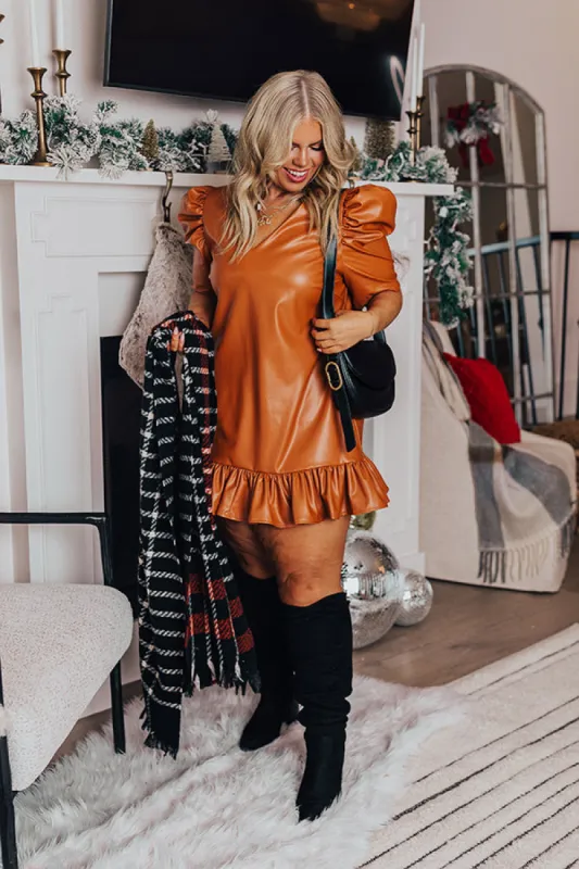 Stylish Setting Faux Leather Mini Dress in Camel Curves sold by Impressions