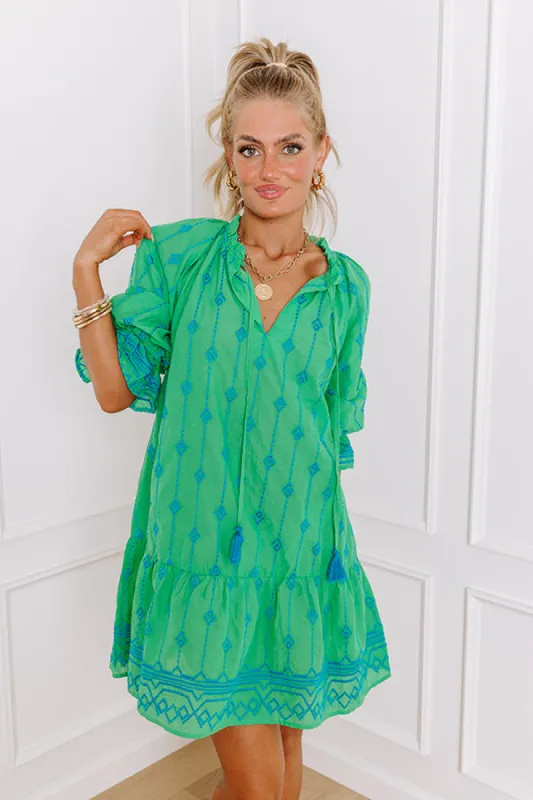 Charleston Stroll Embroidered Mini Dress in Kelly Green sold by Impressions