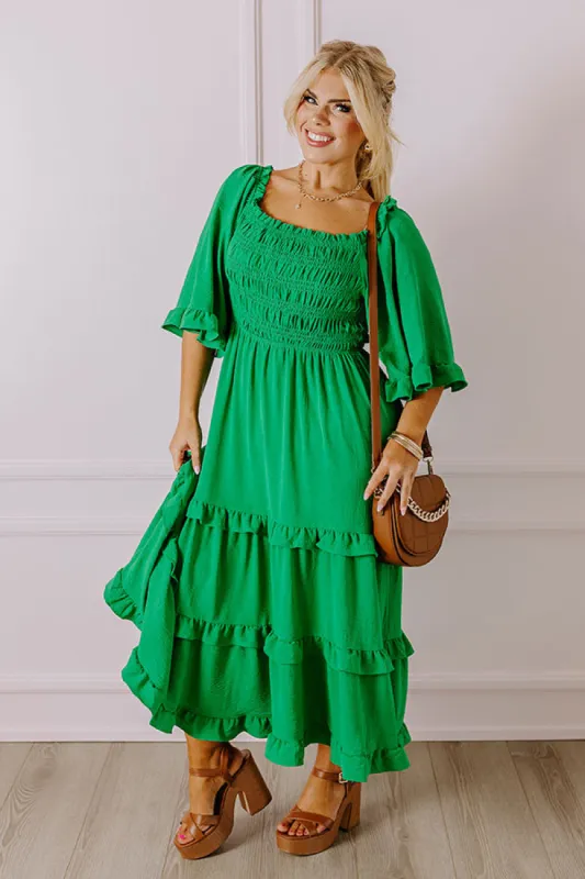 Toes In The Sand Smocked Midi in Green Curves sold by Impressions