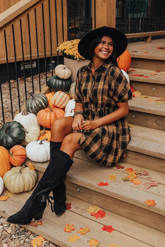 Never Pretend Plaid Dress In Camel sold by Impressions