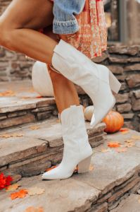 The Beau Faux Leather Cowboy Boot In Ivory sold by Impressions