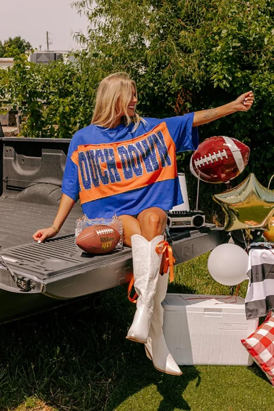 It's a Touch Down Sequin Oversized Tee in Blue sold by Impressions