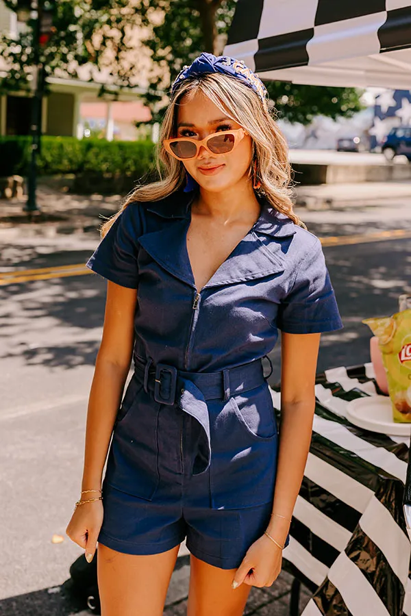 Stay Sophisticated Denim Romper In Navy sold by Impressions