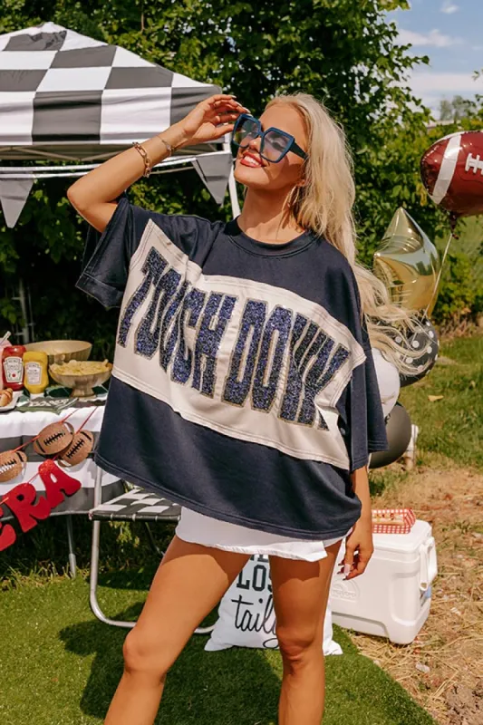 It's a Touch Down Sequin Oversized Tee in Navy/White sold by Impressions