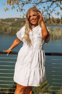 Genuine Reaction Denim Dress In Ivory Curves sold by Impressions